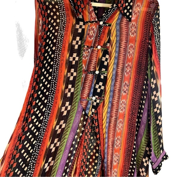 Rene Derhy Vintage Sheer Tribal Print Tunic Top Boho Half Button Front Sz L - Picture 2 of 11